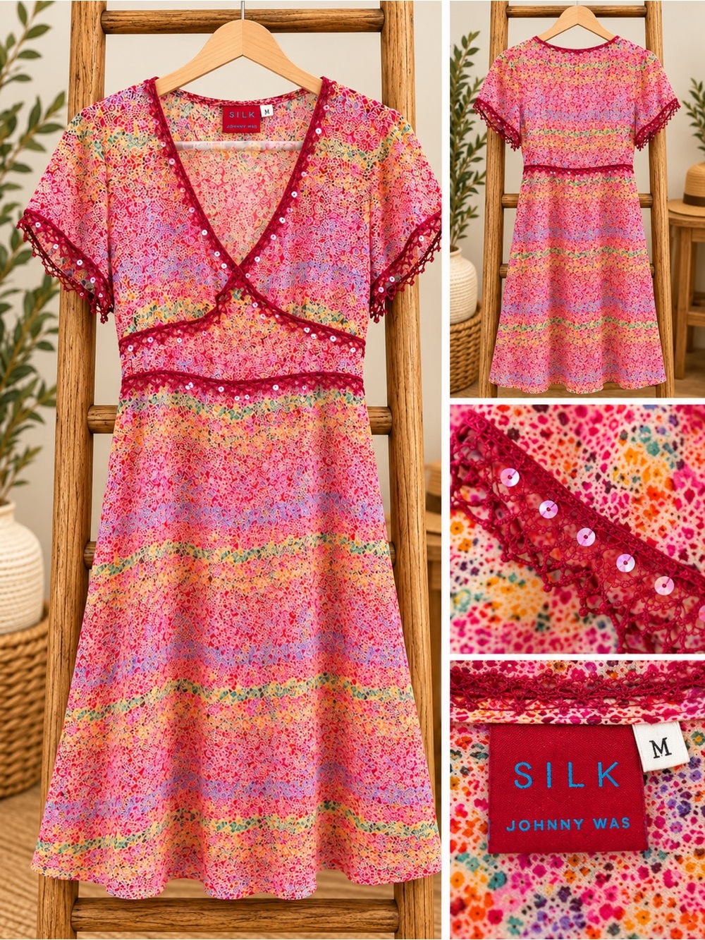 Johnny Was Pink Multicolor Floral V-Neck Sequin Trim Dress
